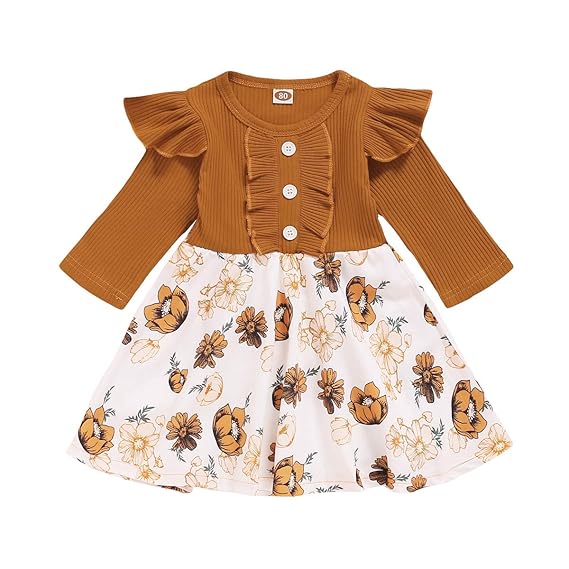 Buy Toddler Baby Girl Ruffle Long Sleeve One Piece Dress Knitted Top Floral Skirt Fall Winter Clothes Khaki 2 3 Years At Amazon In