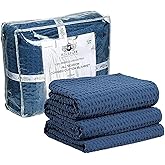 HILLFAIR 100% Cotton Blanket- 120" x 120" XXL Oversized King Bed Blankets - Family Size 10 ft x 10 ft Big - Soft Breathable Waffle Blankets for Bed - Extra Large King Cotton Blanket - Blue
