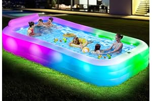 MILAOSHU Large Inflatable Pool with Lights - 145'' X 74'' X 22'', Thickened Blow Up Pool with Seats & Backrest for Adults, 7 Color Big Swimming Pool for Family Water Party Backyard Summer