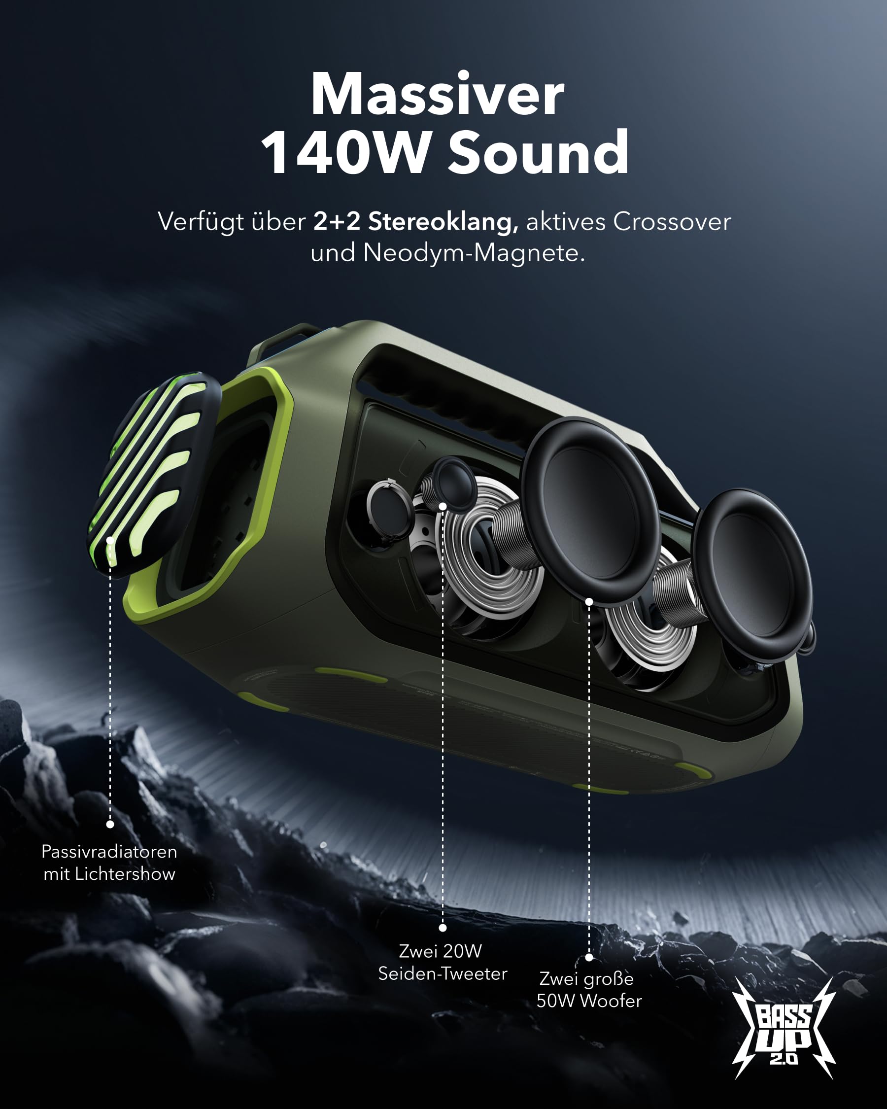 soundcore Anker Motion Boom Plus 2 IP67 Lautsprecher für Draußen, 80W Stereo Sound, Individueller EQ & BassUp, USB-C, Bluetooth, Integrierte Powerbank, Wasserdicht, für Camping, Pool, Strand, Garten 3