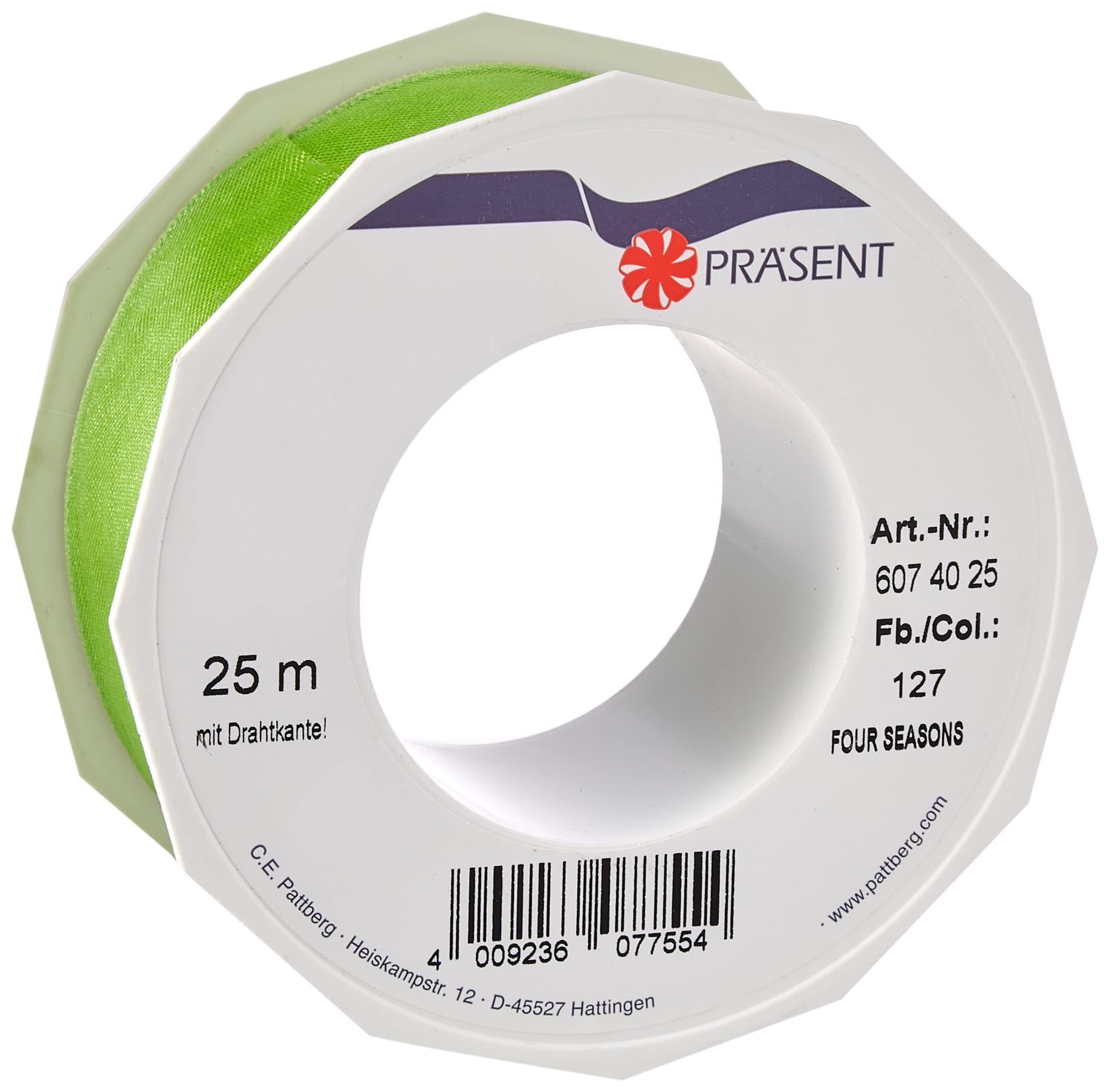 PRÄSENT - Four Seasons Organza wired edge Ribbon Lime Green 40 mm width, 25 m length — image 1
