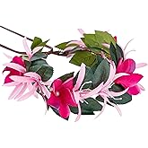 KorViSHOW Pink Hawaiian Flower Crown, Artificial Tropical Flower Headband, Hawaii Floral Headpiece with Ribbon for Women Hawaiian Summer Beach Vacation Costume Hair Accessories