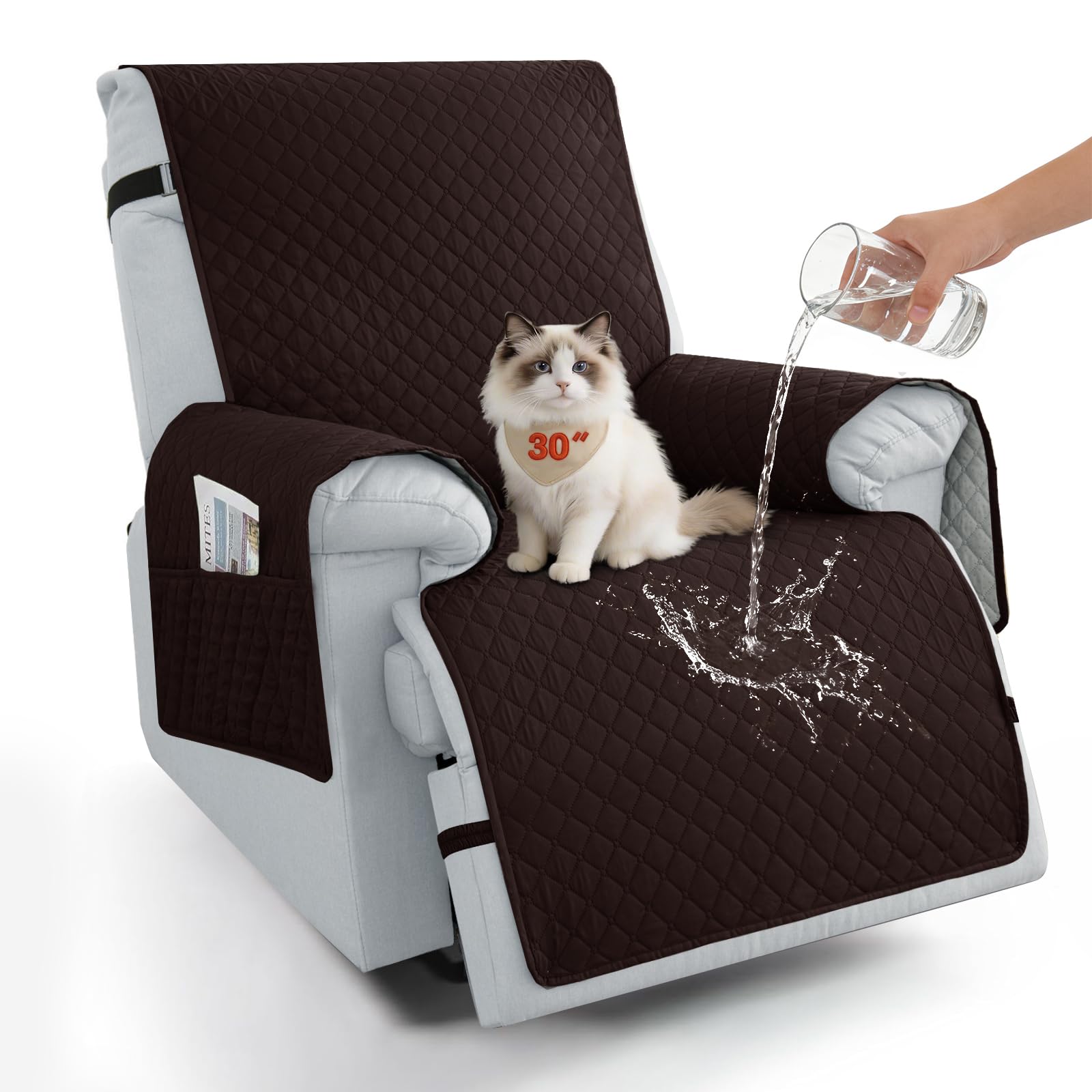 Sparaiz 100% Waterproof Recliner Chair Covers 30", Non-Slip Recliner Cover for Chair with Pocket Washable Recliner Covers with Elastic Straps Oversized Recliner Cover for Kids Pets-Chocolate