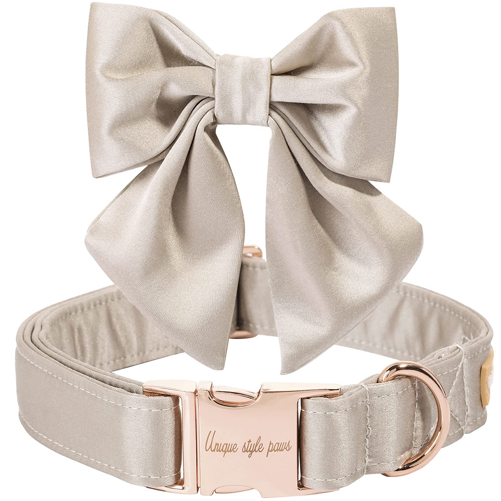 Unique Style Paws Silk Champagne Color Adjustable Durable Dog Collar With Bow Wedding Bow Tie for Medium Dogs
