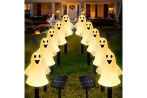 DAYLIGHTIR Solar Halloween Ghost Pathway Lights Decorations, Halloween Ghost Stake, Lighted 3D Ghost Outdoor Waterproof for Garden, Pathway and Yard Decoration (Warm White, 10 Pack)