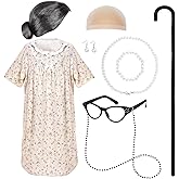 Yymobt 100 Days of School Costume Old Lady Costume School 100th Activity Suit Grandma Wig Granny Glasses Chain Necklace Dress