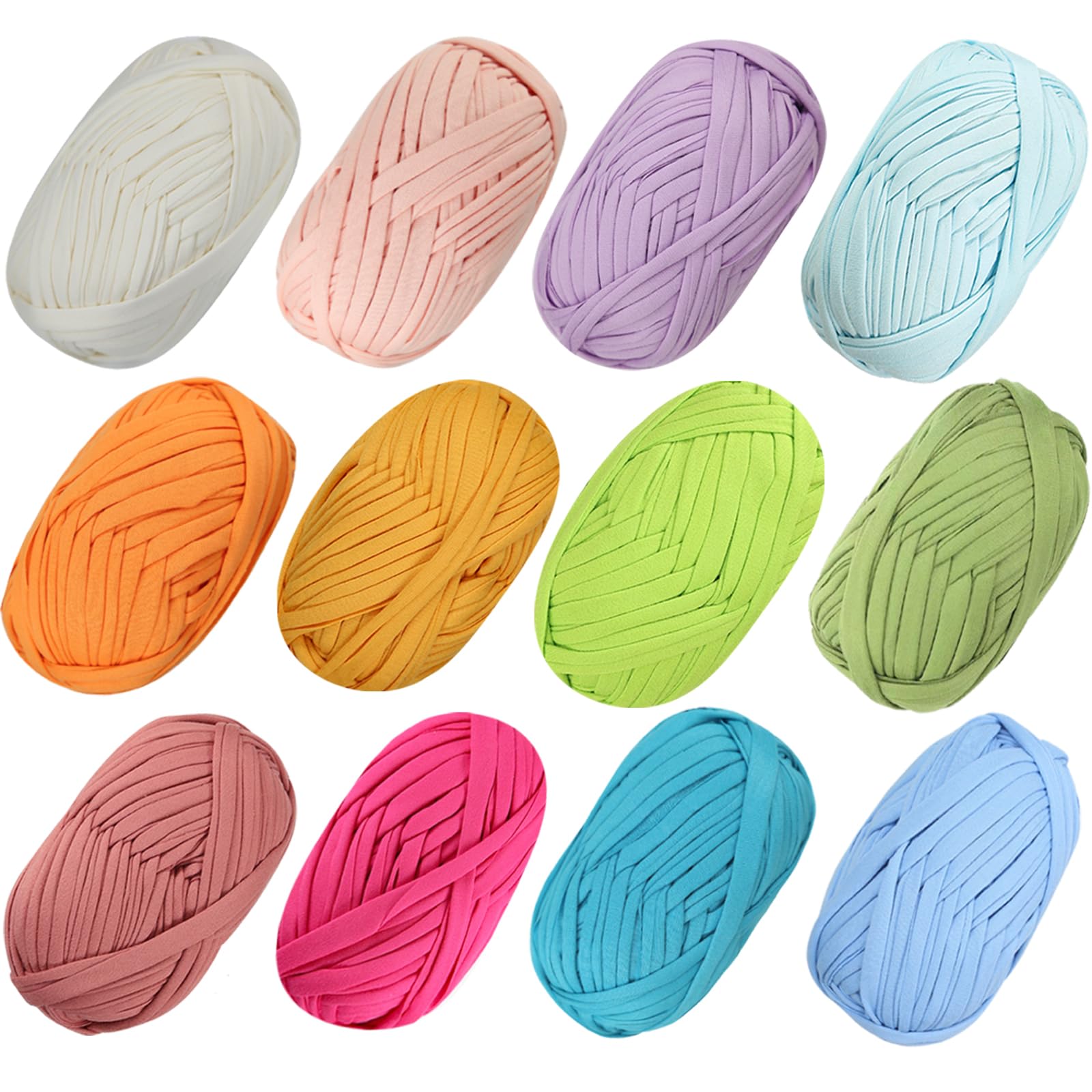12 PCS T-Shirt Yarn Elastic Fabric Crochet Cloth Yarn for DIY Knitting, Spaghetti Thick Knitting for Hand DIY Bag Blanket Cushion Crocheting Projects,Home Decor