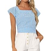 Allegra K Gingham Tops for Women Summer Cute Cap Sleeve Square Neck Plaid Shirts Casual Blouses