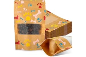 Dunzoom 200 Pcs Paw Dog Treat Bags by Puppy's 3.5" x 5.5" Paw Gift Bags Resealable Stand up Kraft Paper Zip Pouches for Canine Delights, Food-safe Material (Brown)