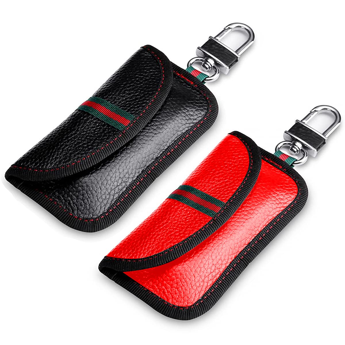VAWcornic 2 Pack Faraday Pouch for Car Keys, Genuine Leather Faraday Bag Keyless Car Key Signal Blocker Pouch RFID Blocker Bag for Car Security, Anti-Theft Remote Entry Fobs Protection – Black+Red