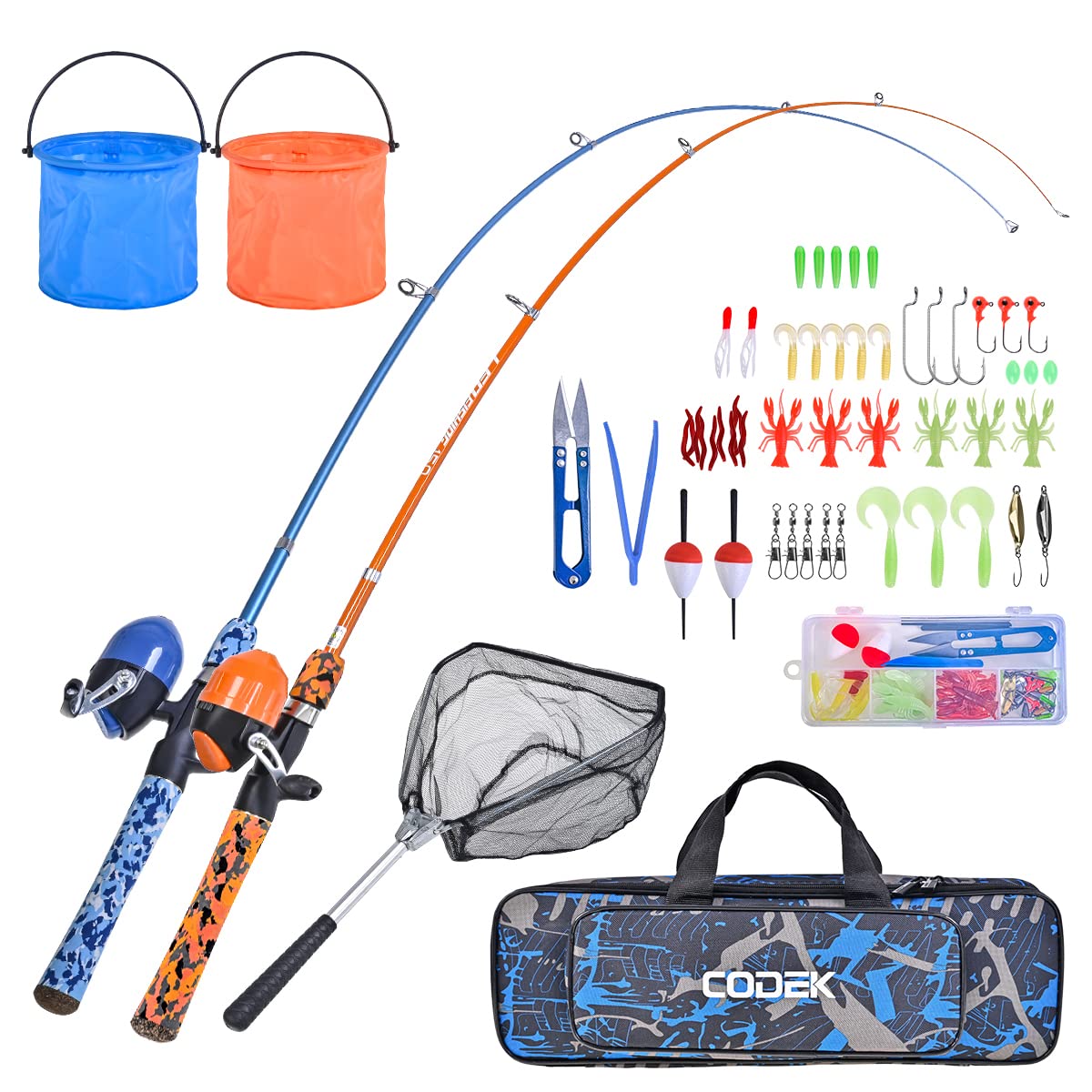Photo 1 of ****FINAL SALE NOT RETURNS****LINES TWISTED AND NOT FUCTIONAL *****CODEK Kids Fishing Pole Set with Full Starter Kits 2 Set Portable Telescopic Fishing Rod and Spincast Reel Cambos with a Fishing Net and 2 Buckets for Boys Girls and Youth (Blue+Orange)