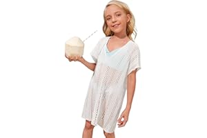 Milumia Girl's Crochet Coverup Cut Out V Neck Short Sleeve Sheer Swimsuit Cover Ups