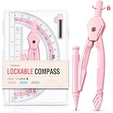 Sooez Lockable Metal Compass and Protractor Set, Compass Drawing Tool | 6" Clear Protractor for Students, Compass with Refill Leads, Geometry Set Kit for Math, Drafting, Homework, Classroom, Pink