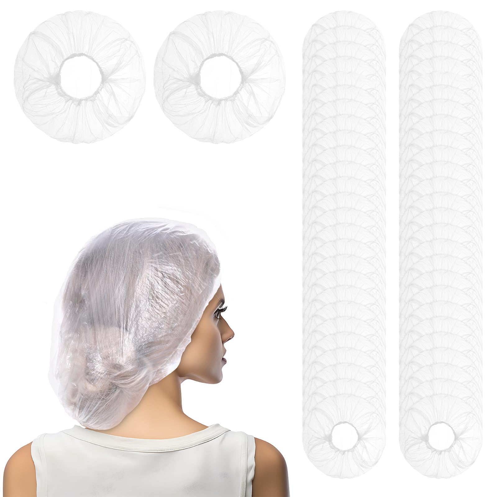 Photo 1 of 150 PCS Disposable Shower Caps Plastic Clear Shower Cap Elastic Waterproof Hair Bath Caps Thick Shower Cap for Women Hotel Hair Salon Travel Spa Home Use Beauty Salon Accessories Cleaning Supplies