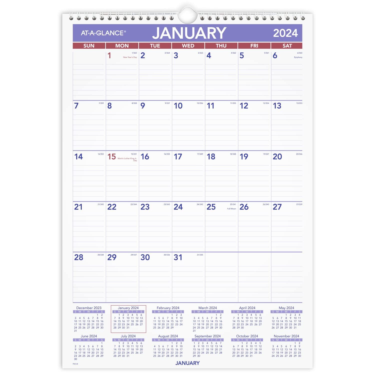 AT-A-GLANCE 2024 Wall Calendar, 12" x 17", Medium Tall, Spiral Bound, Monthly (PM22824)