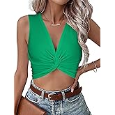 Vrtige Women's V Neck Twist Front Ribbed Knit Sleeveless Sexy Crop Top Cami Tank