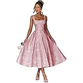 EBAKUS Floral Satin Jacquard Prom Dresses 2026 A-Line Tea Length Midi Square Neck Evening Party Gown with Pockets for Women