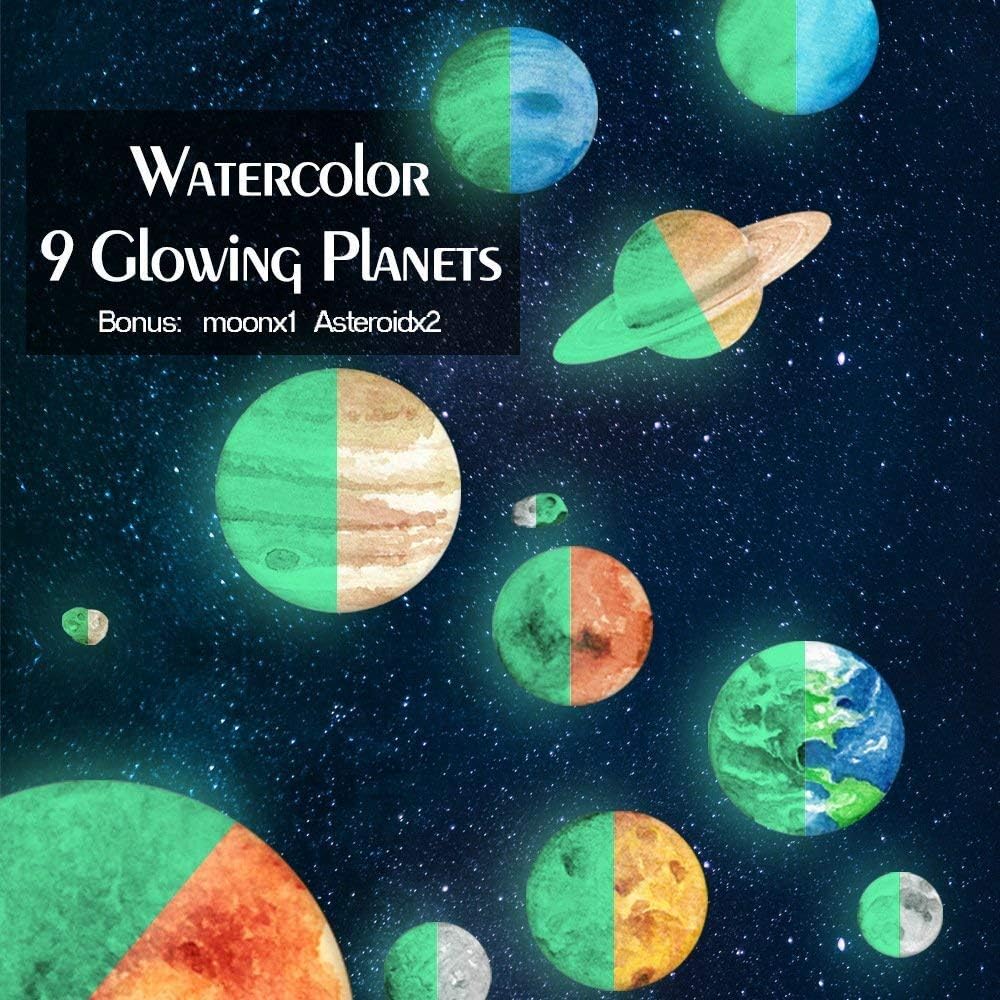 LiveGallery 12pcs Watercolor Glow In The Dark Planet Wall Decals Glowing Planets Moon Wall Stickers Baby Gift Sticker for Kids Bedroom Boy Girls Rooms Ceiling Nursery Living Room Home Walls Decoration