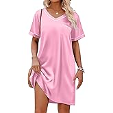 Ekouaer Satin Nightgowns for Women Silk Sleep Shirt Silky Loose Sleepwear V Neck Nightshirt Short Sleeve Pajamas