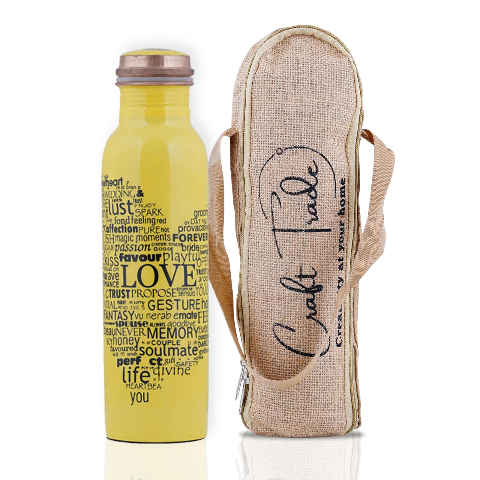Craft Trade Printed Pure Copper Bottle with Lid and Carry Bag for Drinking Water BPA Free Leak Proof Boosts Immunity, Supports Digestive & Ayurveda Inspired 34oz - 1 Litre Yellow