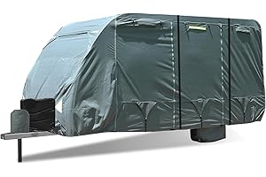 Smikodo Utility Travel Trailer RV Cover 20-22 ft,Waterproof Windproof Anti-UV,Rip-Stop Extra-Thick 6 Layers Camper Cover,RV Covers with Repari Kit,Rv Jack Cover & 4 Tire Covers Gray