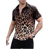BEAUDRM Men's Boho Leopard Shirts Cheetah Button Down Casual Tee Western Short Sleeve Summer Vintage 70s Disco Going Out Top Multicolor X-Large