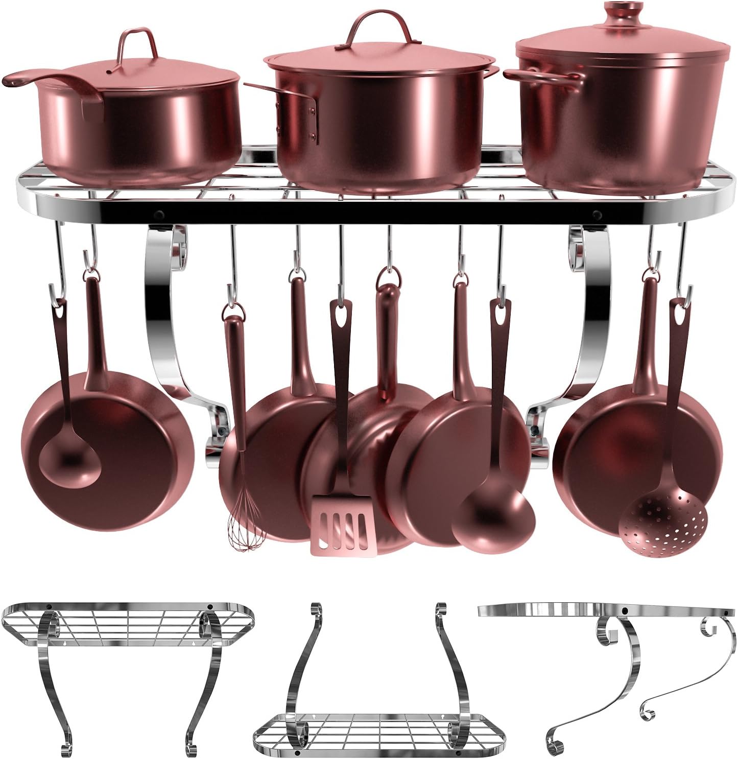 VDOMUS Square Grid Wall Mount Pot Rack, Bookshelf Rack with 10 Hooks, Kitchen Cookware, 24 by 10-inch (Sliver): Kitchen & Dining