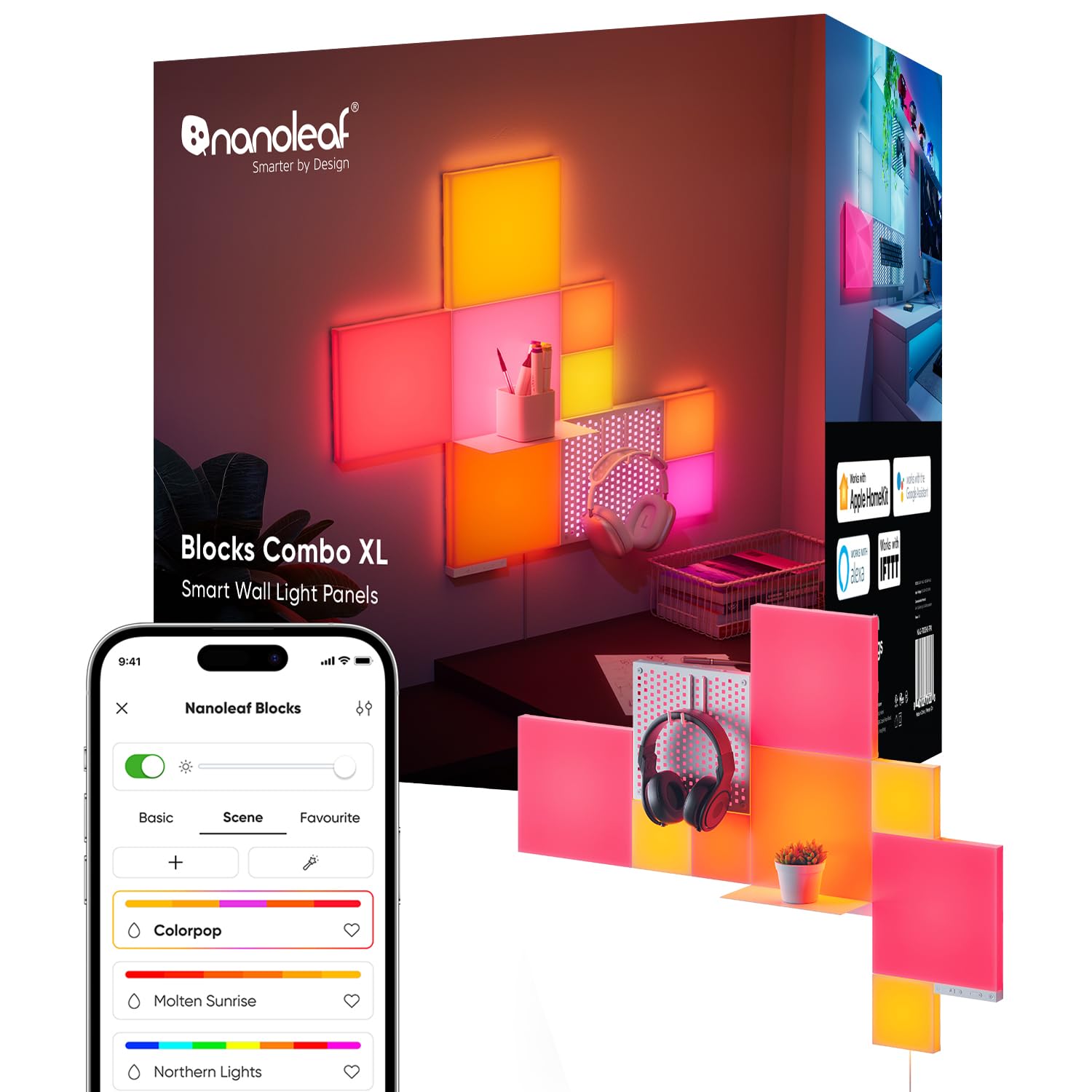 Nanoleaf Blocks Starter Kit | 10-Pack Combo, RGBW farbwechselnde Wandlampen, Lichtpanels & Regal, Pixel-Art-Style, App- & Sprachsteuerung (kompatibel mit Alexa, Apple & Google Home), Deko & Gaming