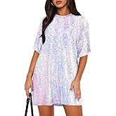 MIYIEONZ Women's Crew Neck Sequin Dress for Women Sexy V Neck Shirt Dress Sparkly Half Sleeve Loose Party Club Cocktail Dress