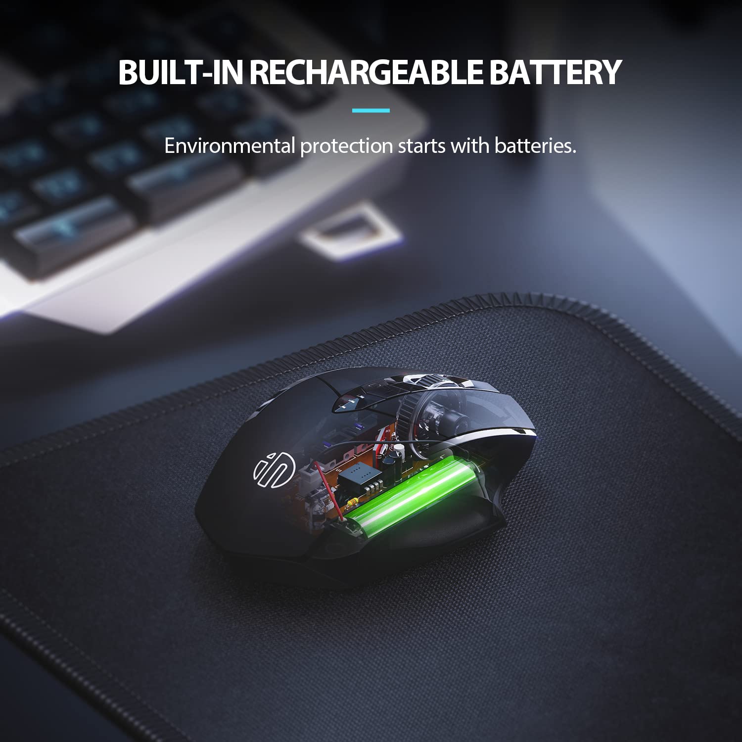 inphic Maus Kabellos Wiederaufladbare 700mAh Akku, Pro 2,4G 1600DPI USB funkmaus mit Anzeige des Batteriestands für Computer, Laptop, PC, 6 Tasten, USB-Empfänger, Schwarz 3