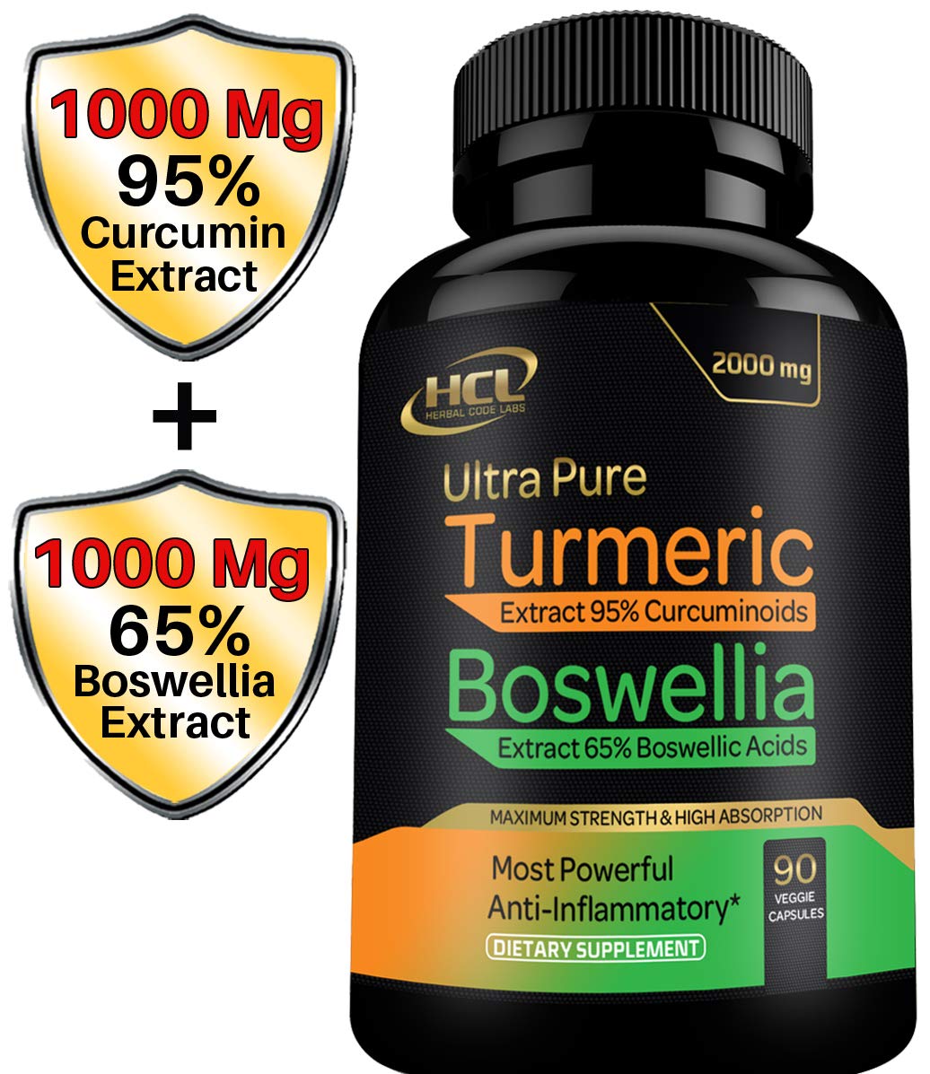 Turmeric Boswellia Extract Supplement – Strong Natural Pain Relief & Joint Support Pills 2000 mg – Extra Strength Anti-Inflammatory Boswellia Serrata with Turmeric Curcumin Powder 90 Capsules