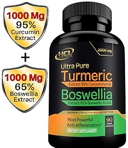 Turmeric Boswellia Extract Supplement – Strong Natural Pain Relief & Joint Support Pills 2000 mg – Extra Strength Anti-Inflammatory Boswellia Serrata with Turmeric Curcumin Powder 90 Capsules