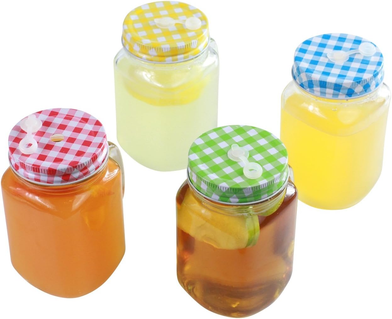 Jam Jar Drinking Glasses Set of 4 - Mason Style Glass with Handles - Traditional Tartan Lids with Straw Holes (Small 480ml)