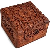 Ajuny Small Wooden Jewelry Box Hand Carved Flower Keepsake Box 4 Inch | Decorative Trinket Treasure Chest for Rings Earrings Keepsakes Small Accessories Gifts for Women Men Teens and Travelers