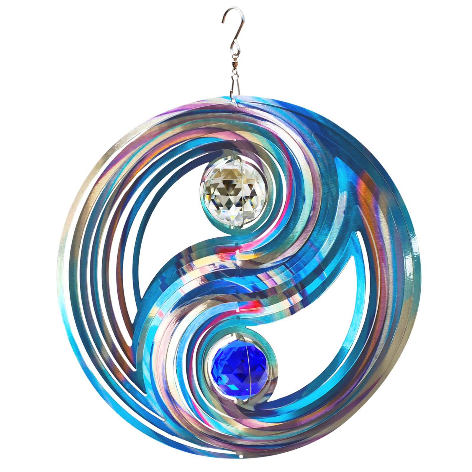 FONMY Mandala Wind Spinner w/Crystal Ball-Fengshui 3D Stainless Steel Hanging Spinners Worth Gift Christmas Decoration Indoor/Outdoor Garden Décor Kinetic Yard Art 12 Inches Wind Sculpture Image