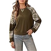 OYOANGLE Women's Patchwork Plaid Sweatshirts Raglan Long Sleeve Crewneck Oversized Pullover Top Fall Clothes