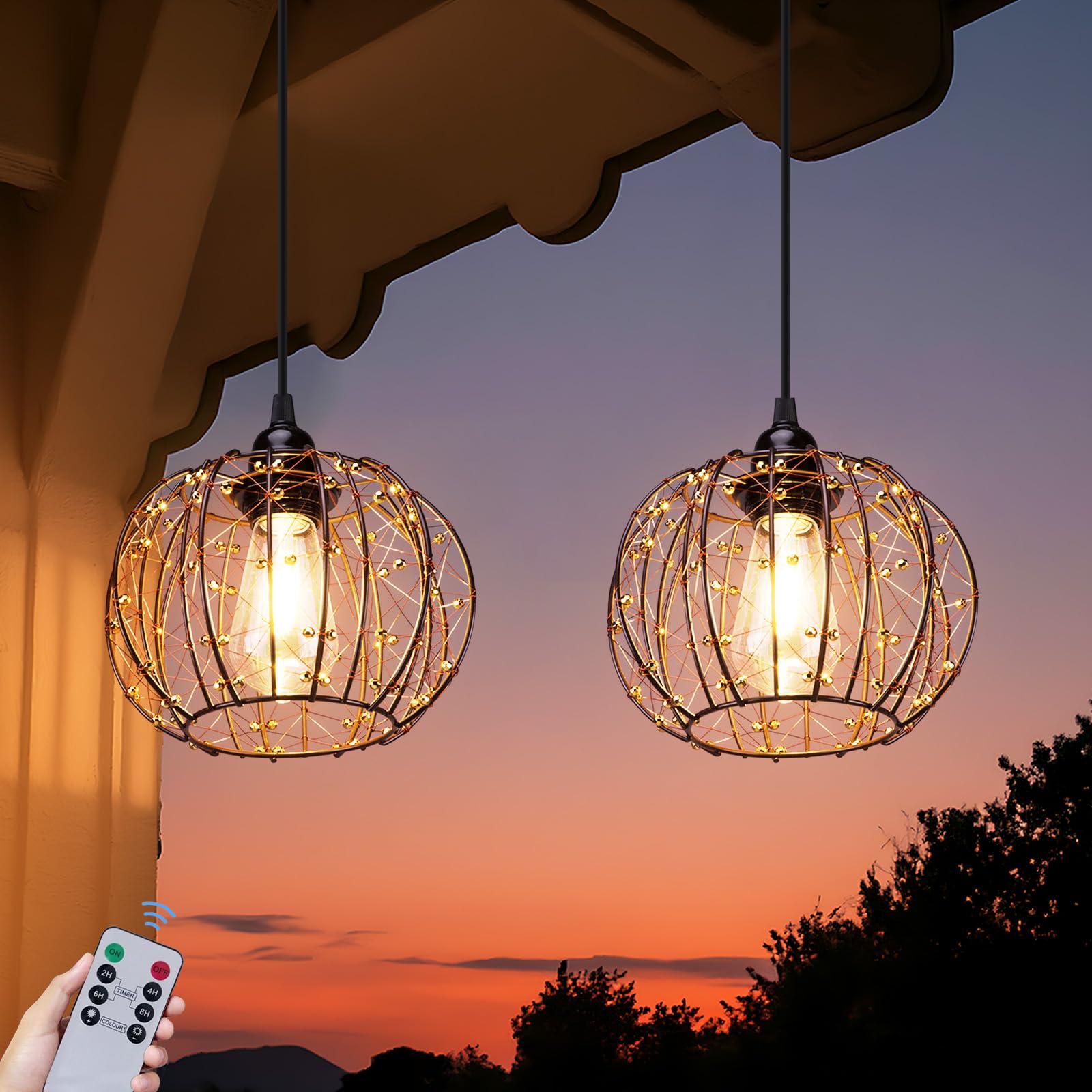 Photo 1 of ALL FORTUNE Battery Operated Hanging Outdoor Chandelier, Battery Operated Gazebo Pendant Light Outdoor Waterproof, No Wiring, Powered by 4 AA Batteries, for Gazebo, Porch, Pergola, Decor Lighting (2)