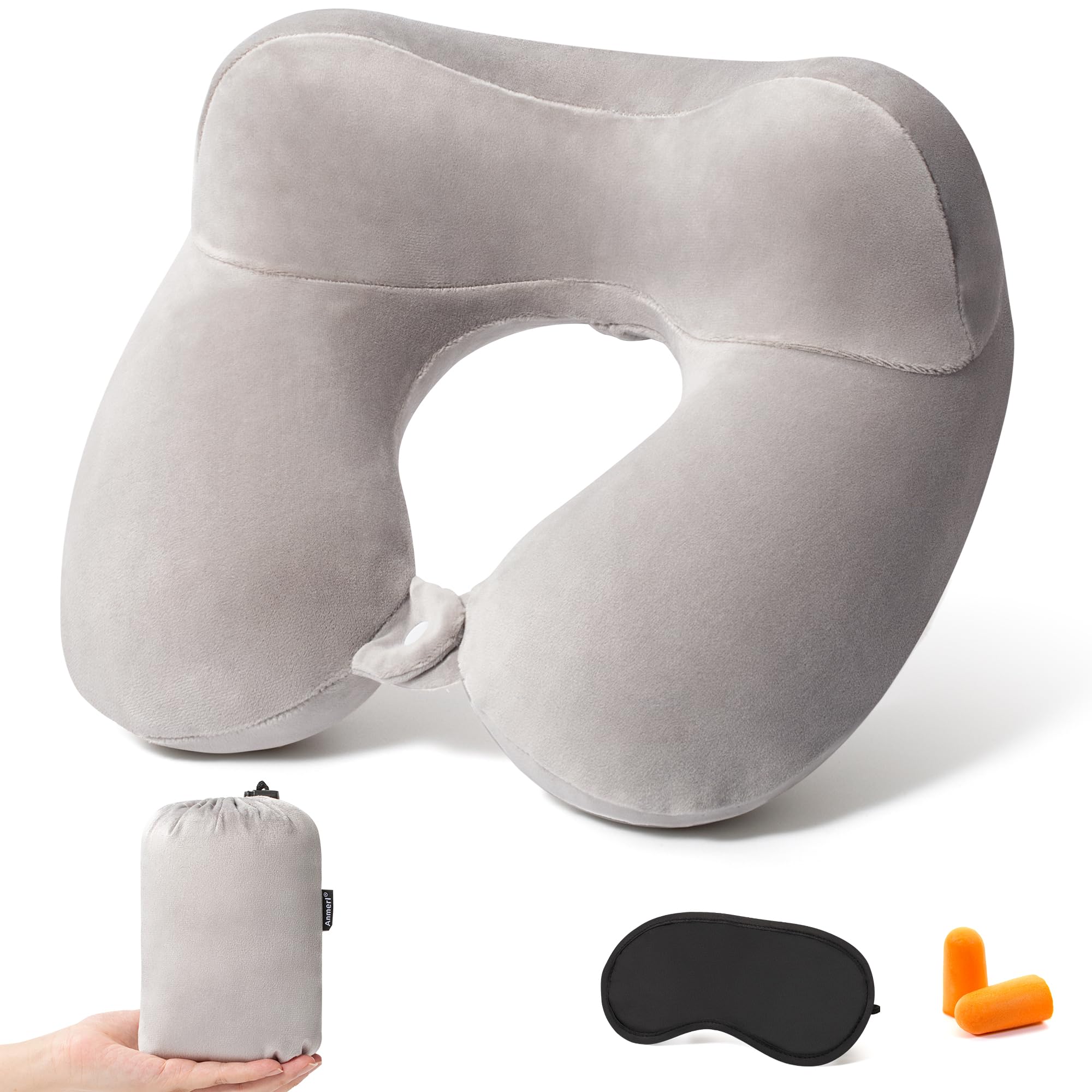 Photo 1 of Anmerl Inflatable Travel Pillow Soft Velvet Portable Neck Pillow with Storage Bag for Airplane Train Car Office