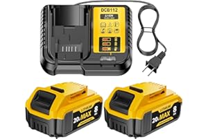 POWROXBATT 2 Pack 8.0Ah Replacement for Dewalt 20V MAX Battery DCB112 Fast Charging Station Kit and Lithium Batteries, DCB207 DCB206 DCB204 DCB203 DCB201Series, High-Capacity Battery Combo for 20V Cordless Tools