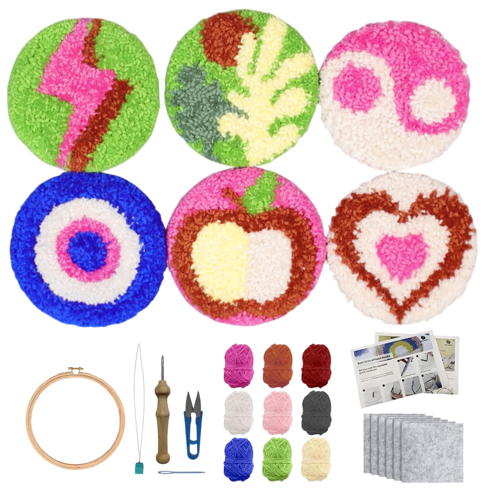 FREEBLOSS 6 Set Punch Needle Coaster Kit - Multi Element Combination Pattern - Beginner Friendly