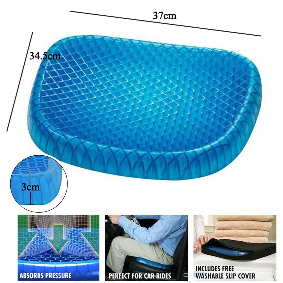 Premewish Gel Seat Cushion Breathable Pain Relief Seat Cushion with Non-Slip Cover Advanced Elastic Cool Gel Seat Cushion Honeycomb Designed Soft Gel Pad for Office Chair Wheelchair (S/37X34.5X3CM)