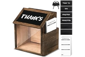 AFOROEOA Wood Suggestion Box with Lock 6 Chalkboard 100 Suggestion Cards Tip Jar Donation Ballot Box Raffle Ticket Box Suggestion Box with Slot for Suggestion Ballot Tip Comment, 8x7x6Inches