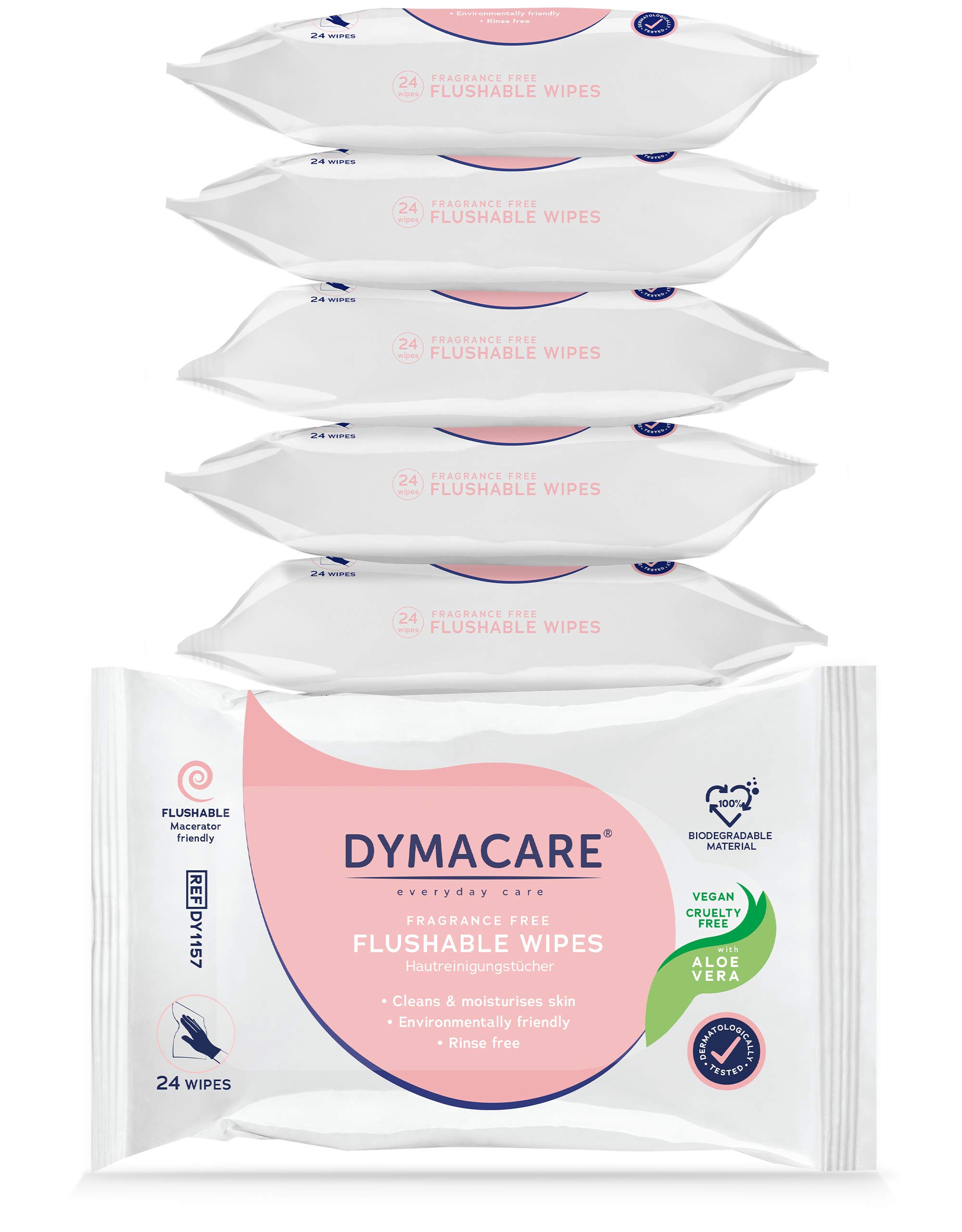 DYMACARE Flushable Wet Wipes | Large Unfragranced Gentle Moist Body Cleansing Wipes with Aloe Vera | Plant based biodegradable Personal Care Wipes for all the Family | 6 Packs (144 wipes in total) — image 1