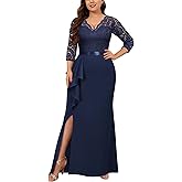Miusol Women's Plus Size Vintage Formal Floral Lace Ruffle Slit V Neck Evening Party Elegant Maxi Dress