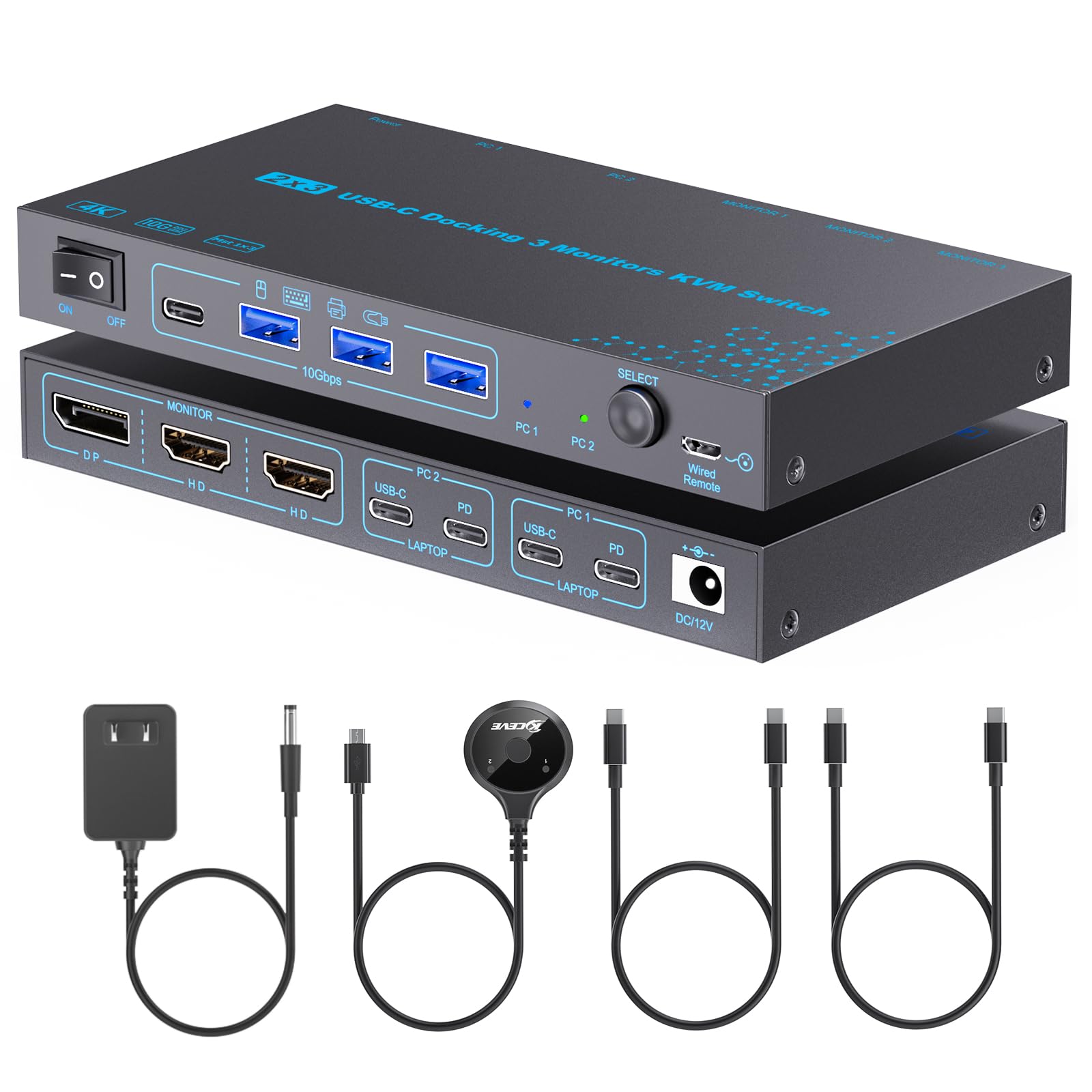 Photo 1 of KVM Switch 3 Monitors 2 Laptops 4K@60Hz, USB C KVM Switcher with PD Charging Function for 2 Computer Share 3 Display-2 HDMI + 1 DP, No Driver Required