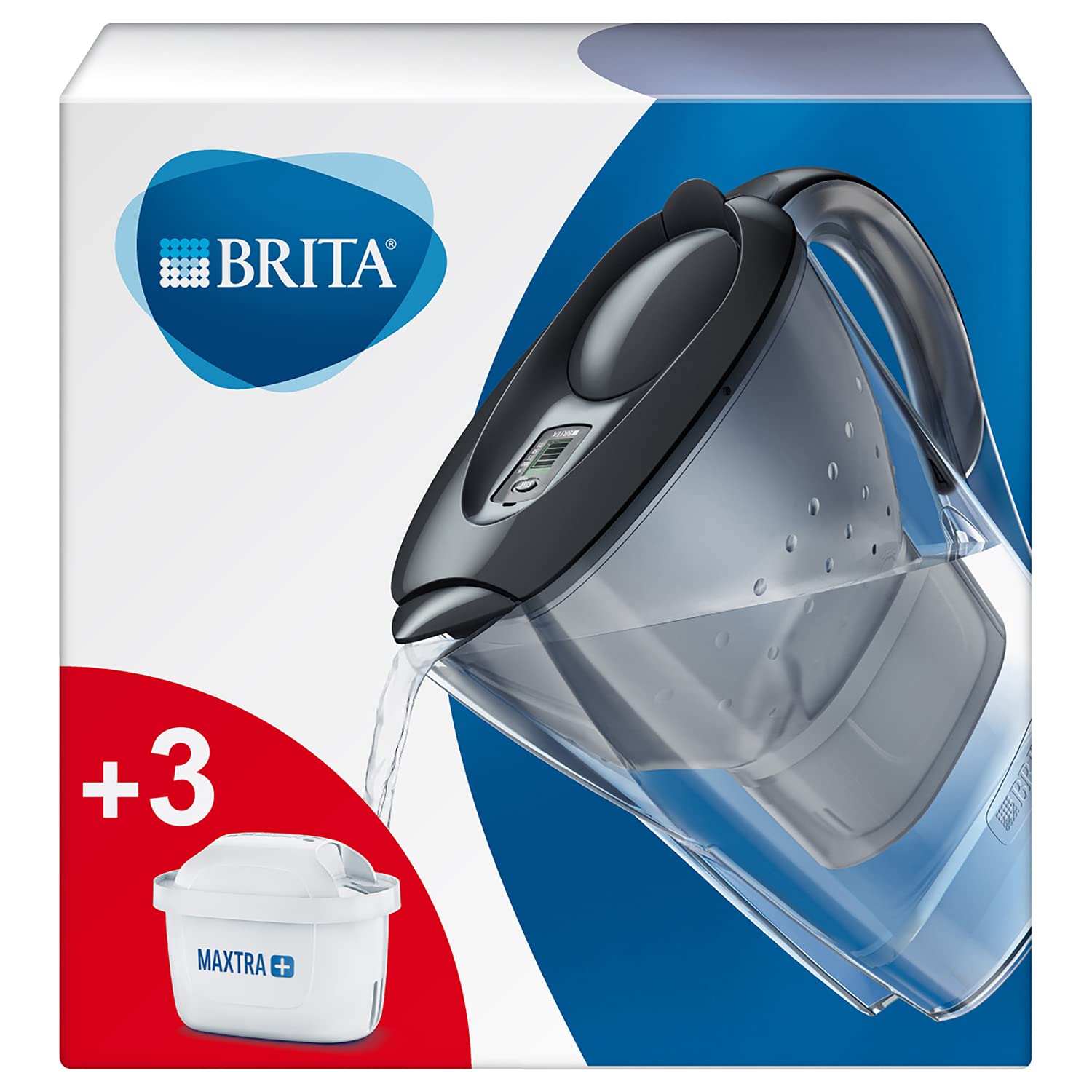 BRITA 1030084 Marella Fridge water filter jug for reduction of chlorine, limescale and impuities, Graphite, Includes 3 x MAXTRA+ filter cartridges, 2.4L