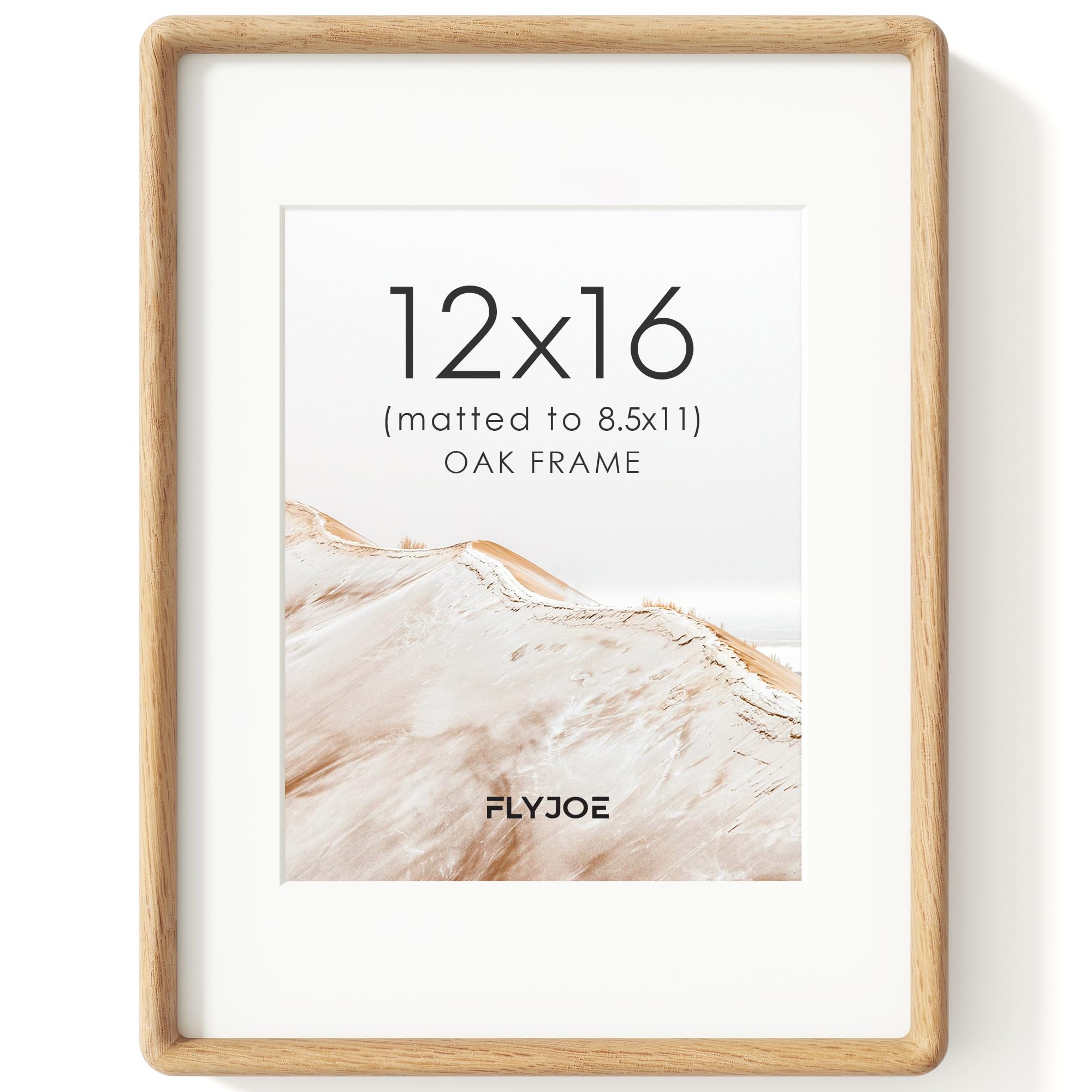 FLYJOE 12x16 Picture Frame, Natural Solid OAK Wood Photo Frame with HD Tempered Glass, Rounded Corner Frame 12 x 16 Matted to 8.5x11, Gallery Wall Frames for Art, Horizontal or Vertical Wall Mounting
