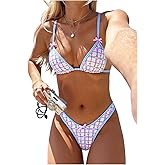 WDIRARA Women's 2 Piece Plaid Floral Thong Bikini Sets Bow Halter Swimsuits High Cut Bathing Suit