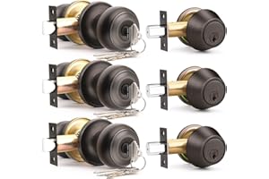 Brotima 3 Pack Keyed Alike Front Door Knob and Deadbolt Set, Entry Door Locksets with Single Cylinder Deadbolt, Oil Rubbed Bronze Flat Round Door Lock Set for Bedroom/Office/Exterior Doors