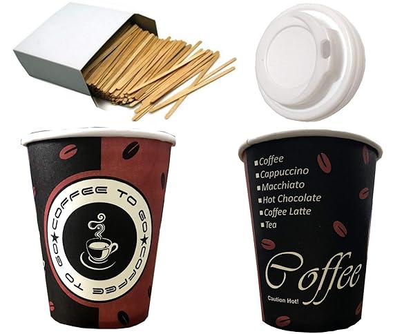 Trendsky 200 Stück Kaffeebecher Coffee to go 300 ml mit Deckel + Rührstäbchen,Becher für Kaffee/Tee,300ml Hartpapier Einweg P